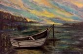 Obraz - Pejzaż z łódką o zachodzie słońca